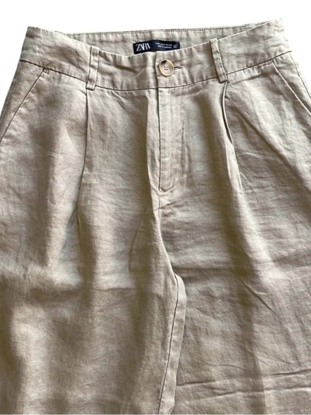 Zara 100% Linen Neutral Tan High Waist Wide Leg Pants M